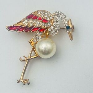 Gold Tone Crane Bird Brooch Rhinestone Pearl Faux Sparkle Pin